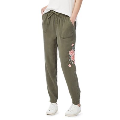 Khaki floral embellished cargo pants